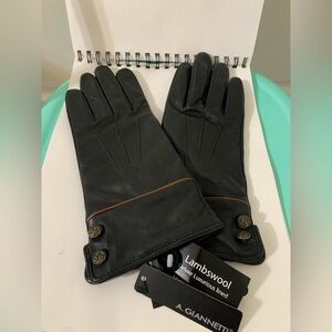 NWT A. Giannetti Black Leather Gloves Lambswool Interior M
